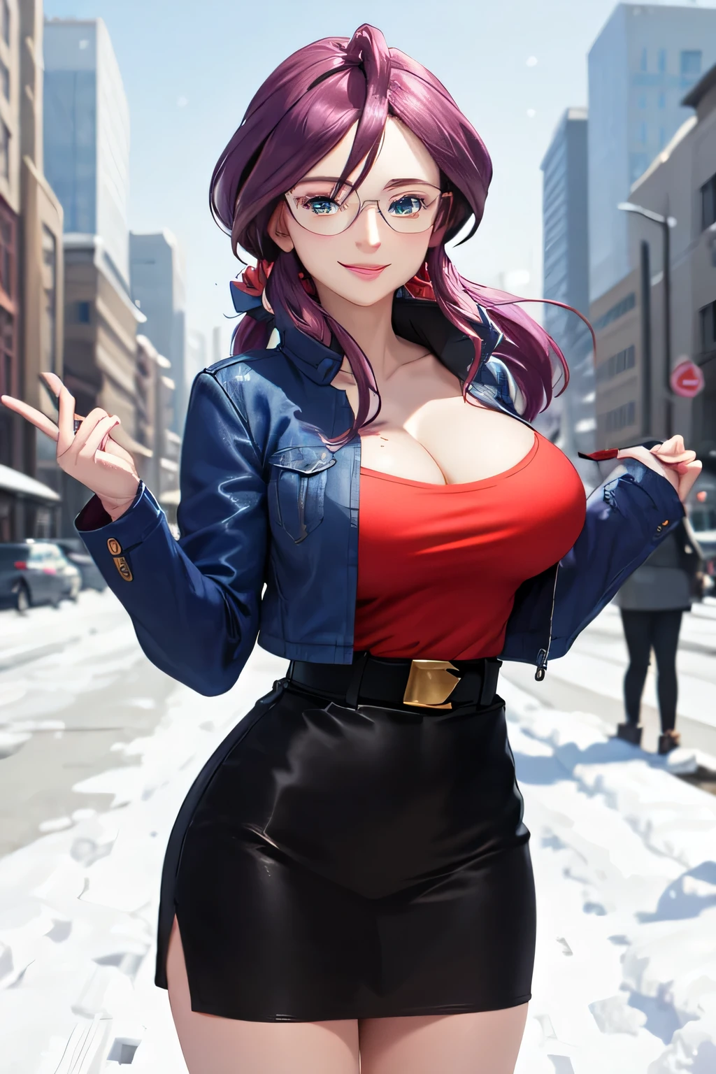 masterpiece, best quality,  animeLorelei, purple hair, blue eyes, hair between eyes, glasses, blue jacket, red shirt, cleavage, belt, pencil skirt, large breasts, smile, looking at viewer, winter, cityscape, snow, hand up