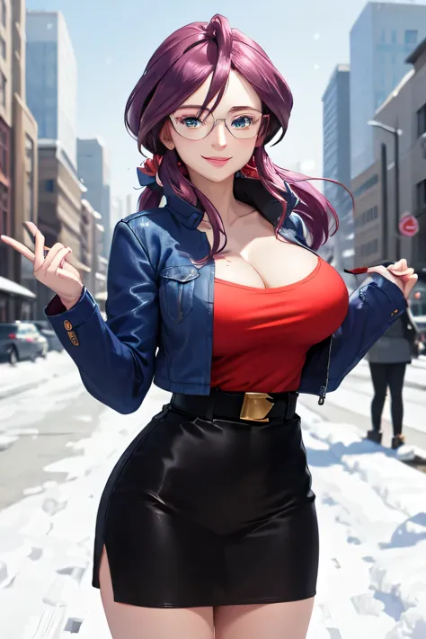 masterpiece, best quality,  animelorelei, purple hair, blue eyes, hair between eyes, glasses, blue jacket, red shirt, cleavage, ...