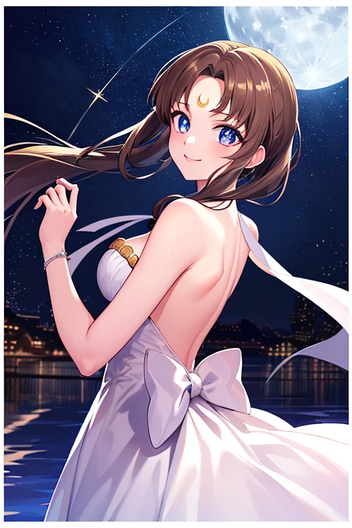 ((best quality)), ((highly detailed)), masterpiece, absurdres, (detailed eyes, deep eyes), (1girl), dynamic pose,  long dark brown hair (to her back), smiling, Princess_white_strapless_dress_huge_back_bow_Golden_crescent_forehead_mark, (at a floating island, midnight, night sky, stars, moonlight, shooting star)