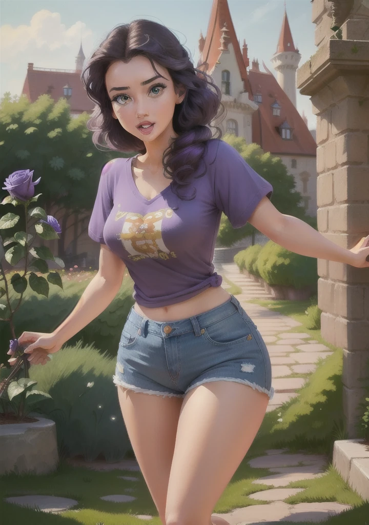 (BelleWaifu:1), surprised, cute, cute pose looking at the viewer, thick hips, (bob hairstyle), (purple hair), (denim shorts:1.2), (purple t-shirt on naked body:1.2), :D, curvy, (holding a red rose:1), (realistic: 1), (cartoon), (masterpiece: 1.2), (best quality), (ultra-detailed), (8k, 4k, intricate), (full-length shot: 1), (cowboy shot: 1.2), (85 mm), light particles, lighting, (very detailed: 1.2),  (Detailed Face: 1.2), (Gradients), SFW, Colorful, (Detailed Eyes: 1.2), (Detailed Landscape, Garden, Plants, Castle:1.2),(Detailed Background),Detailed Landscape, (Dynamic Angle:1.2), (Dynamic Pose:1.2), (Rule third_composition:1.3), (Line of Action:1.2), Wide Shot, Daylight, Solo,