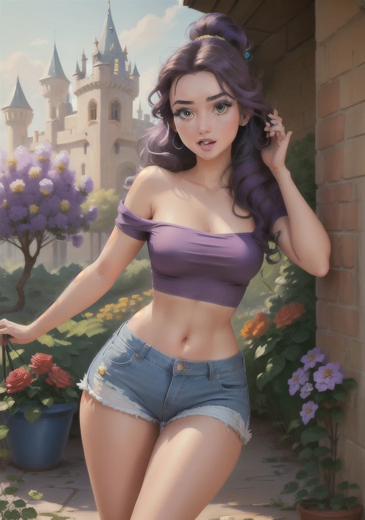 (BellaWaifu:1), sorprendido, lindo, lindo pose looking at the viewer, Caderas gruesas, (peinado bob), (cabello purpura), (shorts de mezclilla:1.2), (camiseta morada sobre el cuerpo desnudo:1.2), :d, curvas, (sosteniendo una rosa roja:1), (Realista: 1), (Dibujos animados), (obra maestra: 1.2), (mejor calidad), (ultra detallado), (8K, 4k, Intrincado), (plano completo: 1), (tiro de vaquero: 1.2), (85 milímetros), partículas de luz, Encendiendo, (Muy detallado: 1.2),  (detailed Face: 1.2), (gradientes), SFW, Vistoso, (detailed Eyes: 1.2), (detailed Landscape, jardín, plantas, castillo:1.2),(detailed Background),detailed Landscape, (dynamic Angle:1.2), (dynamic Pose:1.2), (regla tercera_composición:1.3), (Línea de acción:1.2), plano general, daylight, Solo,