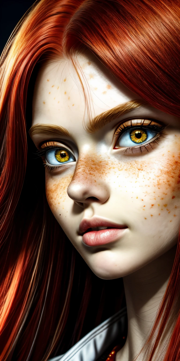 masterpiece, best quality, {best quality}, {{masterpiece}}, {highres}, focus, anime style, a closeup of a cartoon of a woman, girl design, portrait, giesha, anime image, long hair, red hair, redhead, straight eyes, polished and powerful look, exotic, tall, freckles, cheerful, casual chic clothing, colorful, colors  