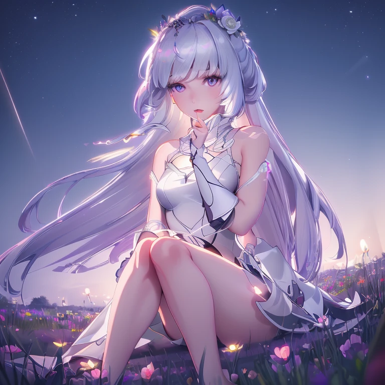 (best quality,4K,8k,high resolution,masterpiece:1.2),Ultra Detailed,(actual,photoactual,photo-actual:1.37),illustration,Soft Light,White hair girl,Deep purple eyes,Glowing eyes,sit down,barefoot,blush,Garden at night,Flowers.