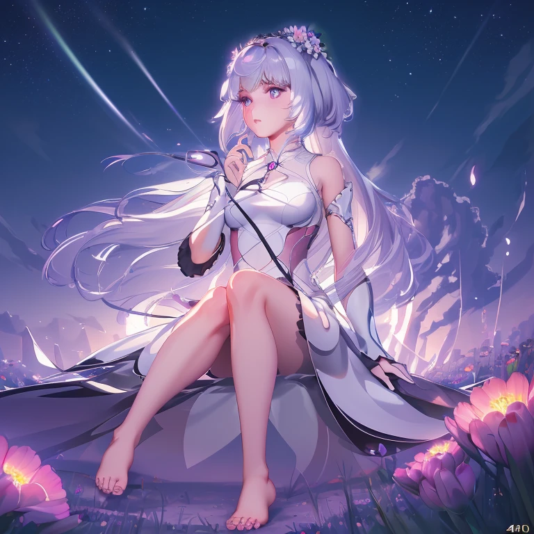 (best quality,4K,8k,high resolution,masterpiece:1.2),Ultra Detailed,(actual,photoactual,photo-actual:1.37),illustration,Soft Light,White hair girl,Deep purple eyes,Glowing eyes,sit down,barefoot,blush,Garden at night,Flowers.