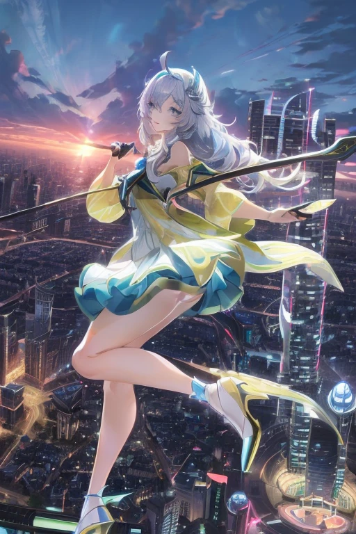 official art, masterpiece, Sharp focus, (Beautiful, gorgeous and cute Korean woman:1.3), (beautiful and cute korean:1.3), Korean beauty, Exquisite and beautiful hair、Eyes and face, Practical, Ultra Detailed, beautiful girl, Blue sky, Glowing white particles, (Side Light:1.2), Sunlight, Baiyun, Detailed clouds, slim, Very cute big  and big butt, Smile with teeth bared, ((Smile with your eyes, Open your eyes)), landscape, Long and straight hair, Sexy facial expressions, architecture, (city View:1.7), Dynamic Hair, very Long and straight hair, Delicate platinum silver hair, Green eyes, Pink skirt, Black socks, Pale skin, Hair accessories, epic landscape,，White high heels，Nice butt，Beautiful buttocks，Nothing under the skirt，Weight loss