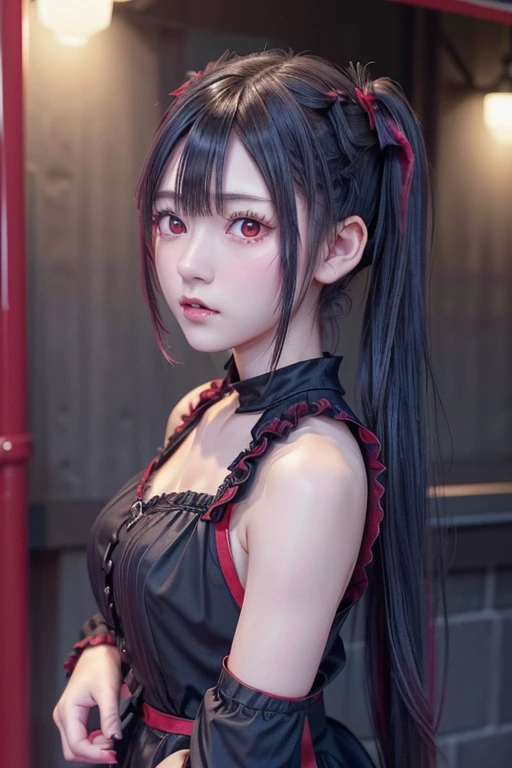 black pigtails, twin tails, trending on cgstation, twin tails hairstyle, beautiful gemini, , Trending on cgstation, wlop and sakimichan, Gwaites style artwork、(((Red goth 、red eyeuimui、