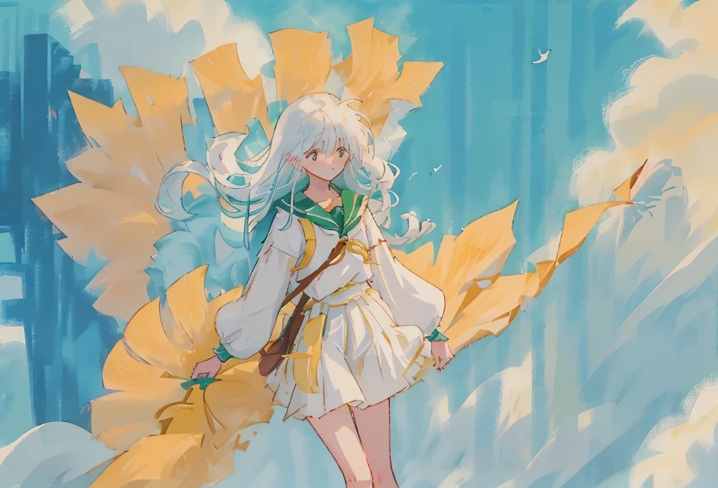 Gentle breeze：A woman of pure whiteness，kagome, Long hair flutters in the wind，A gentle breeze brushed her cheeks，Her eyes were filled with serenity and thoughtfulness