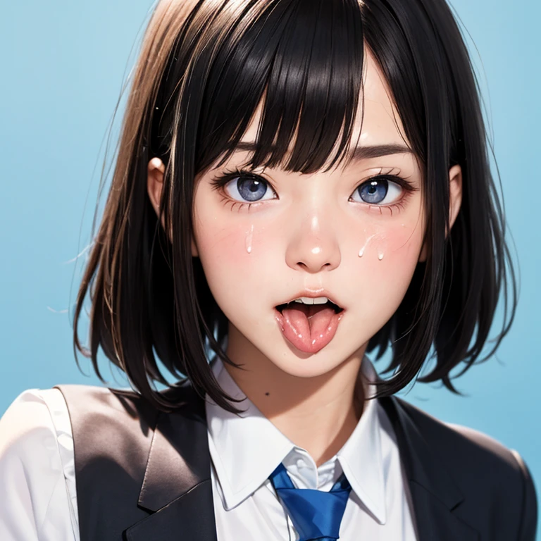 NSFW, (kawaii 24 year-old Japanese girl, Nogizaka idol, Korean idol), (glossy hair, very short hair, bangs:1.3), (beautiful black eyes, rounded face, single eyelid, no makeup:1.4), (embarrassed, noseblush, sex silly, orgasm, half opened mouth:1.5), (semen on the face, bukkake:1.5), (wearing suit jacket, collared shirt, necktie:1.3), (extra small breasts:0.9), BREAK, (simple blue background:1.3), (view from forward, bust shot:1.3), BREAK, (masterpiece, best quality, photo realistic, official art:1.4), (UHD, 8K quality wallpaper, high resolution, raw photo, golden ratio:1.3), (shiny skin), professional lighting, physically based rendering, award winning, (highly detailed skin, extremely detailed face and eyes), Carl Zeiss 85 mm F/1.4, depth of field, 1girl, solo,