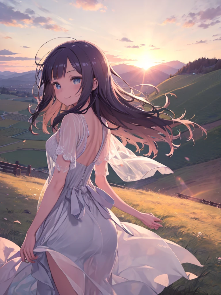 masterpiece、highest quality、High resolution、Very detailed、Beautiful eyeedium wide shot、Girl、evening、Sunset、top of the hill、grassland、With arms outstretched、Hair blowing in the wind、Dresses fluttering in the wind、smile、Looking Back、The clothes are see-through、
