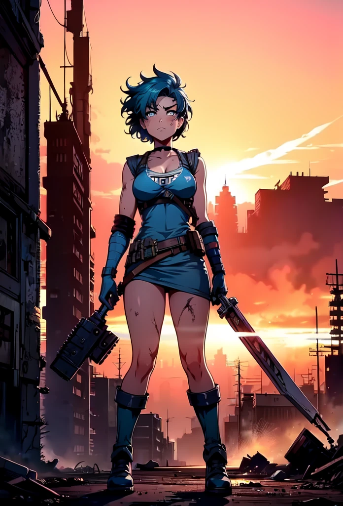 (best quality,4k,8k,highres,masterpiece:1.2),ultra-detailed,Ami Mizuno as a Mad Max survivor in the Westland,deserted post-apocalyptic world,dusty landscape,harsh sunlight,burning orange sky,gritty and distressed,ripped and tattered clothing,utility belt with survival tools,protective goggles covered with dust,Ami's bright blue hair flowing in the wind,determined and fierce expression,holding a modified high-tech weapon,scanning the horizon for danger,thick layers of dirt and grime on her face and hands,imposing scar across her cheek,distant ruins of a futuristic city in the background,Ami's transformation into a hardened warrior,blending her intelligence and strength,creating an iconic and empowering image,combining anime style with the gritty aesthetics of Mad Max. full body
