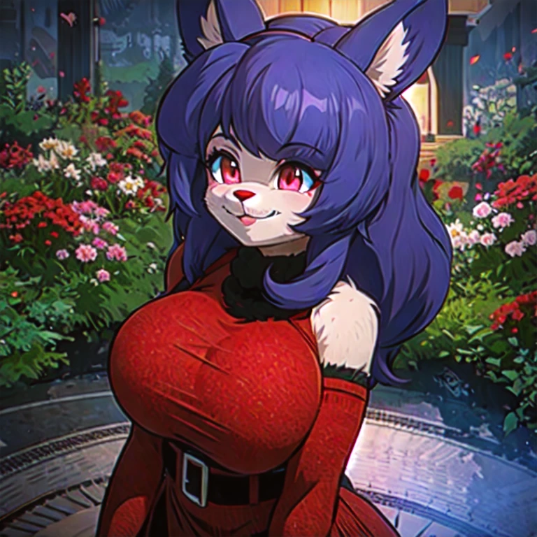 A furry and cute girl with red walls, ears, hair, blue dress, no horizontal, no shoulder straps, diaphragm, white skin, in the forest, looking at the audience, smiling, closing her mouth, flowers, slightly higher