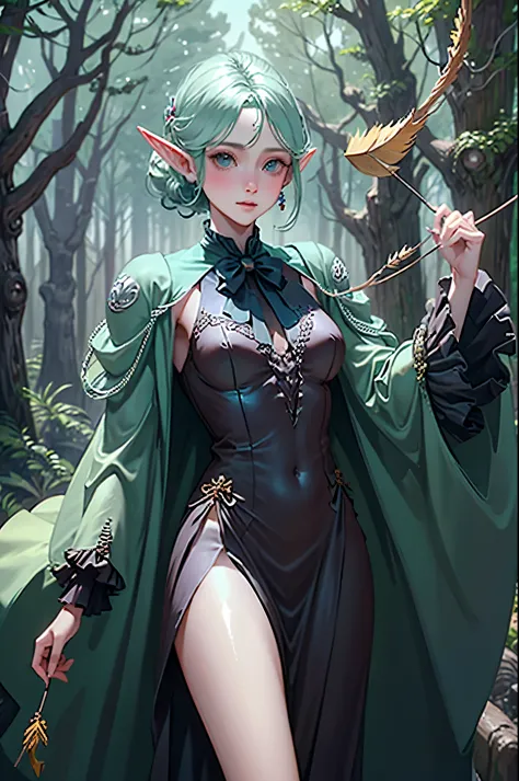 A Woman Elf in a Forest Dressed in a Forest Range Attire with Arrows and a Bow, On A Tree, Perfect Body , Perfect Face, HD