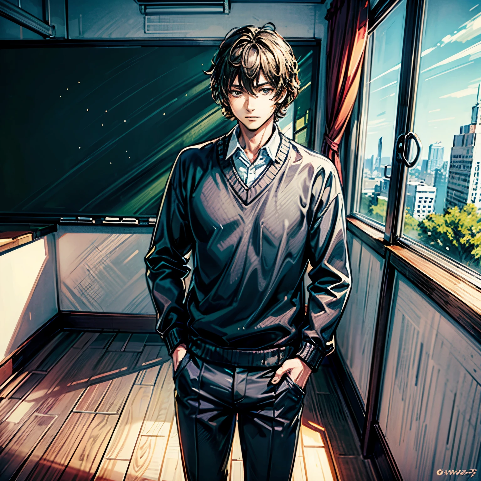 ((((solo)))), anime style, handsome adult male, standing, classroom, teacher, short hair, black hair, art classroom, art class, relaxed expression, brown sweater, blue pants