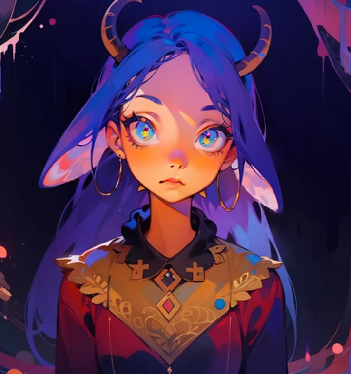 Pixar style, gloomy, negative, twisted, weird, big-eyed , colorfulcartoon drawing of a woman with (goat ears), antlers on her head, portrait of a young witch girl, goat horns on her head, close up character + intricate details, epic detailed, (masterpiece:1.1), 8k, (eyes, pupils, detailed eyes:1.1) + intricate details, epic detailed, (masterpiece:1.1), 8k, (eyes, pupils, detailed eyes:1.1)