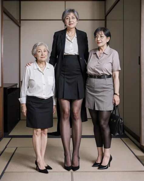 4 Japanese women, Mature, elderly, older, Asian, wearing , nerdy, Stunning proportions, grey sheer tights, best quality, nerdy o...