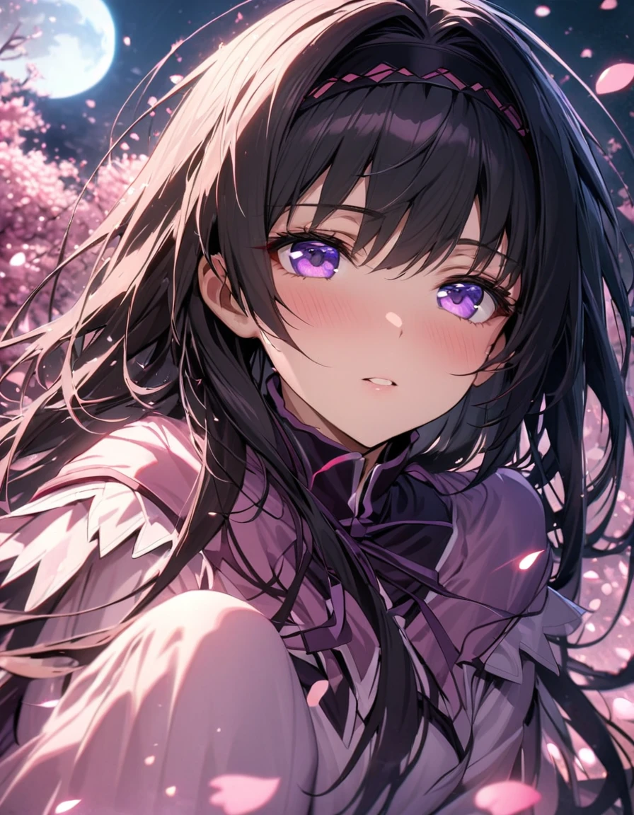 absurdres, highres, ultra detailed, HDR, master piece, best quality, extremely detailed face and eyes, Homura Akemi, black long hair, expressive purple eyes, Puella Magi Madoka Magica, solo, woman, beautiful, cherry blossom, pink flowers, pink petals, moon, pink fireflies