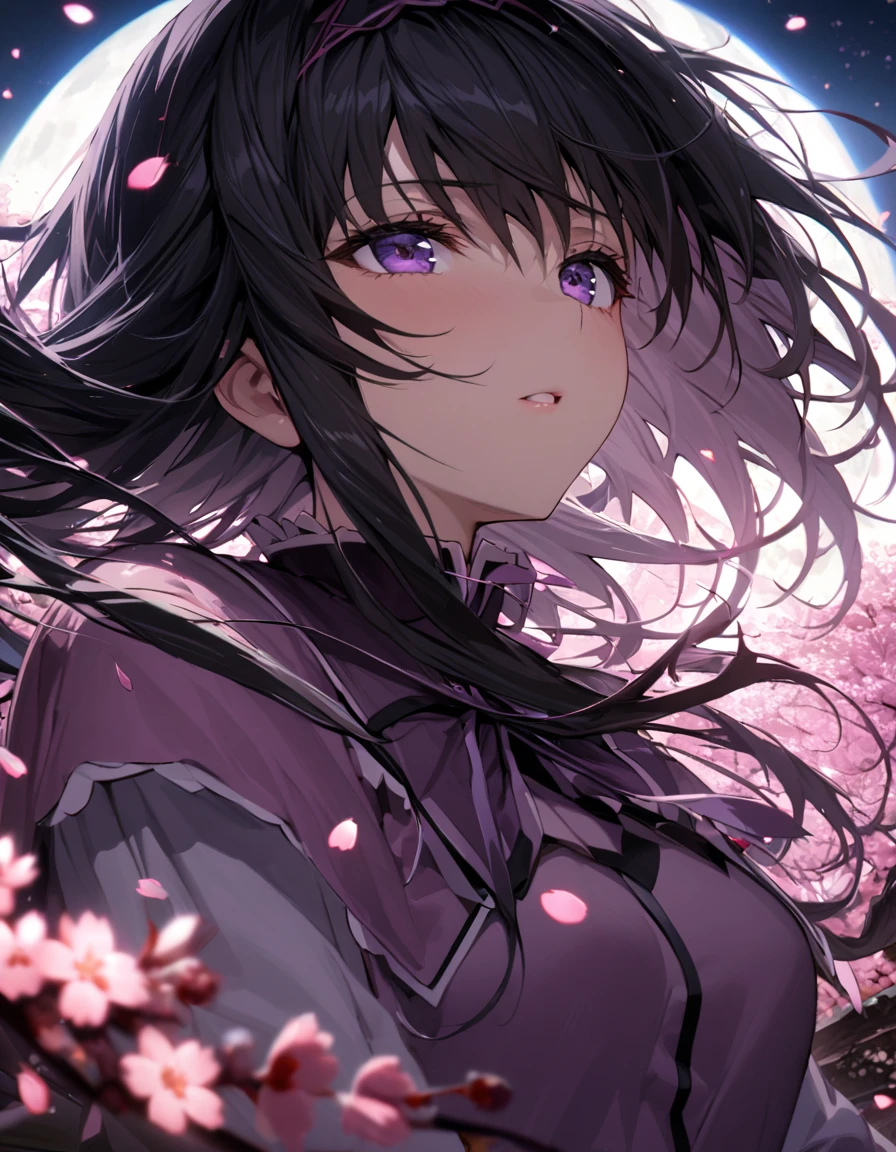 absurdres, highres, ultra detailed, HDR, master piece, best quality, extremely detailed face and eyes, Homura Akemi, black long hair, expressive purple eyes, Puella Magi Madoka Magica, solo, woman, beautiful, cherry blossom, pink flowers, pink petals, moon, pink fireflies