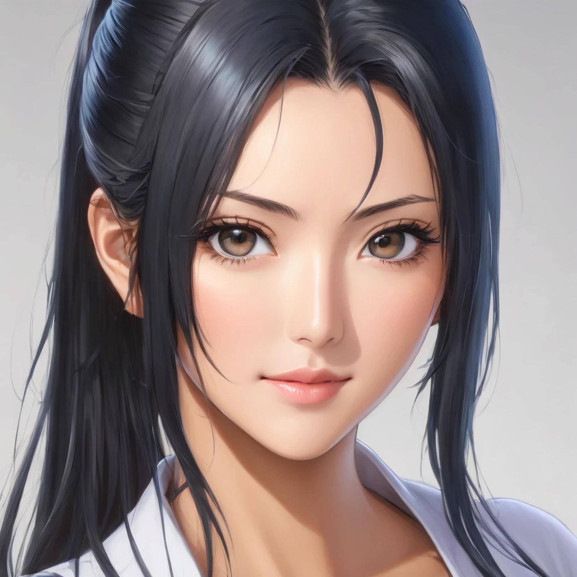 A close-up of an Asian woman, Nico Robin, produced by Anime Painter Studio, Realistic Anime Art Style, Realistic Anime Art Style, Marin Kitagawa Doujin Art, Beautiful Anime Portrait, Anime Realism Style, Beautiful Anime Woman, Drawn in Anime Painter Studio, High Quality Doujin Art, Range Murata and Art Germ, Beautiful Anime Art Style