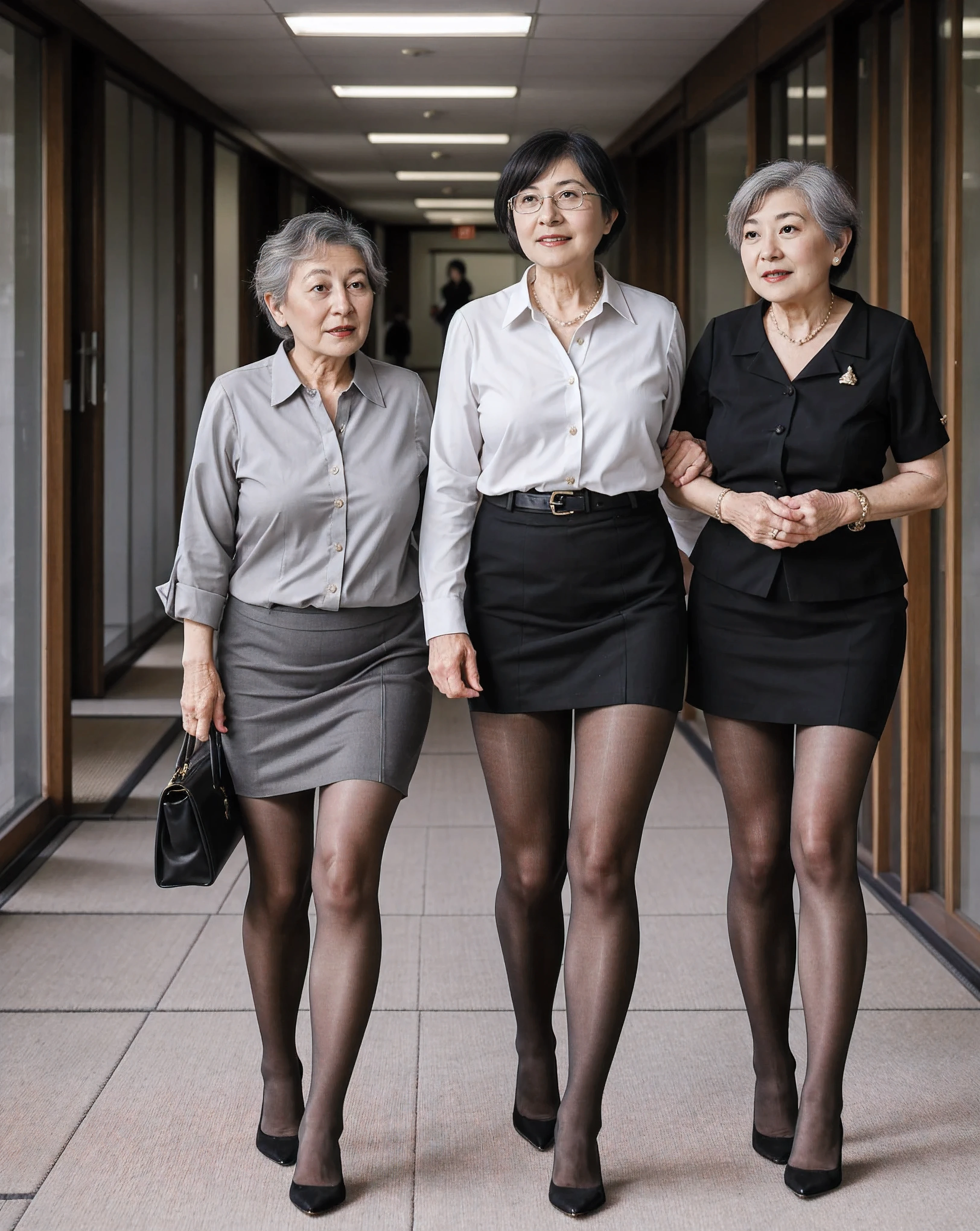 4 femmes japonaises, mature, âgé, Plus vieux, asiatique, résistant , ringard, des proportions époustouflantes, collants transparents gris, meilleure qualité, ringard old black office lady résistant an a white blouse and short black skirt, grand-mère avec de grosses jambes, Tout le corps, talons hauts, les jambes qui te dominent, debout