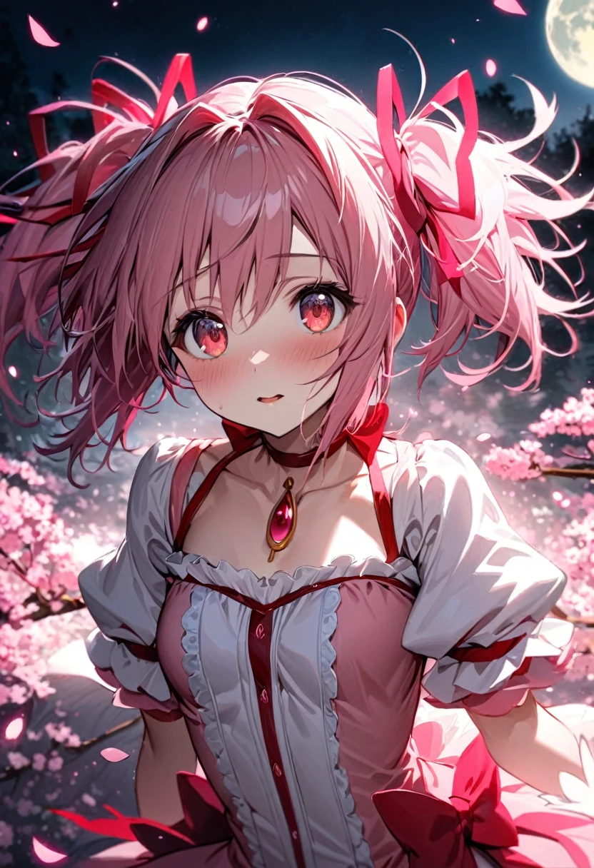 absurdres, highres, ultra detailed, HDR, master piece, best quality, extremely detailed face and eyes, Kaname Madoka, pink hair, expressive red eyes, Puella Magi Madoka Magica, solo, woman, beautiful, cherry blossom, pink flowers, pink petals, moon, pink fireflies