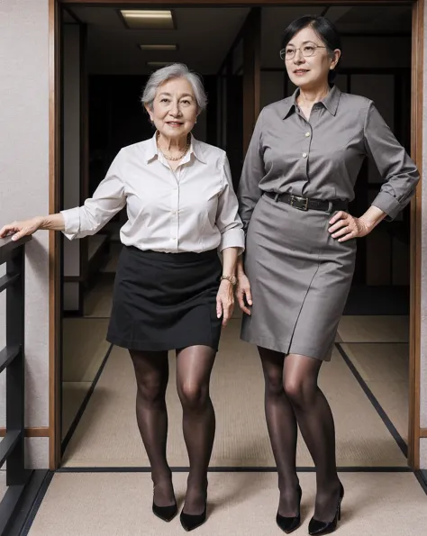 4 Japanese women, Mature, elderly, older, Asian, wearing , nerdy, Stunning proportions, grey sheer tights, best quality, nerdy o...