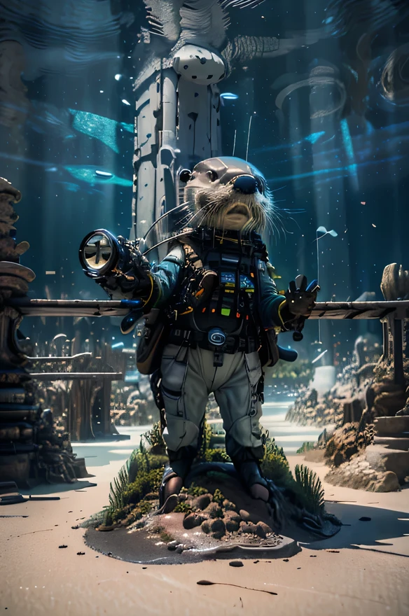 solo,(1otter\(cute,wearing futuristic suit,wearing cyber suit,full body,standing,dynamic pose,parabolic antenna,on back\):1.5), BREAK ,background\(futuristic town,many parabolic antenna\), BREAK ,quality\(8k,wallpaper of extremely detailed CG unit, ​masterpiece,hight resolution,top-quality,top-quality real texture skin,hyper realisitic,increase the resolution,RAW photos,best qualtiy,highly detailed,the wallpaper,cinematic lighting,ray trace,golden ratio\),dynamic angle,award-winning,((close up))dynamic angle