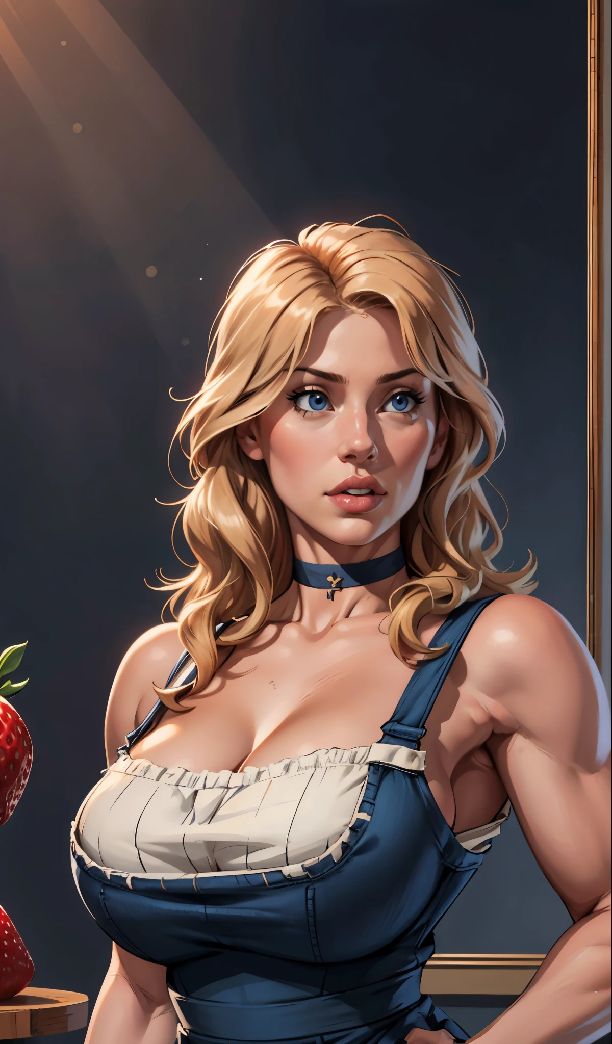 (best quality,highres),(realistic:1.37),(portrait),(studio lighting), ,solo mature woman,curvy, giant breasts, giant ass,straight strawberry blonde hair, dusty blue eyes,full lips, seductive, choker, painter's apron,painter's hat