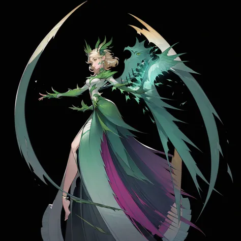 1 beautiful woman，standing full-body，A Necromancer，Green clothing，solo，Clear facial features，Simple line design，Transparent back...