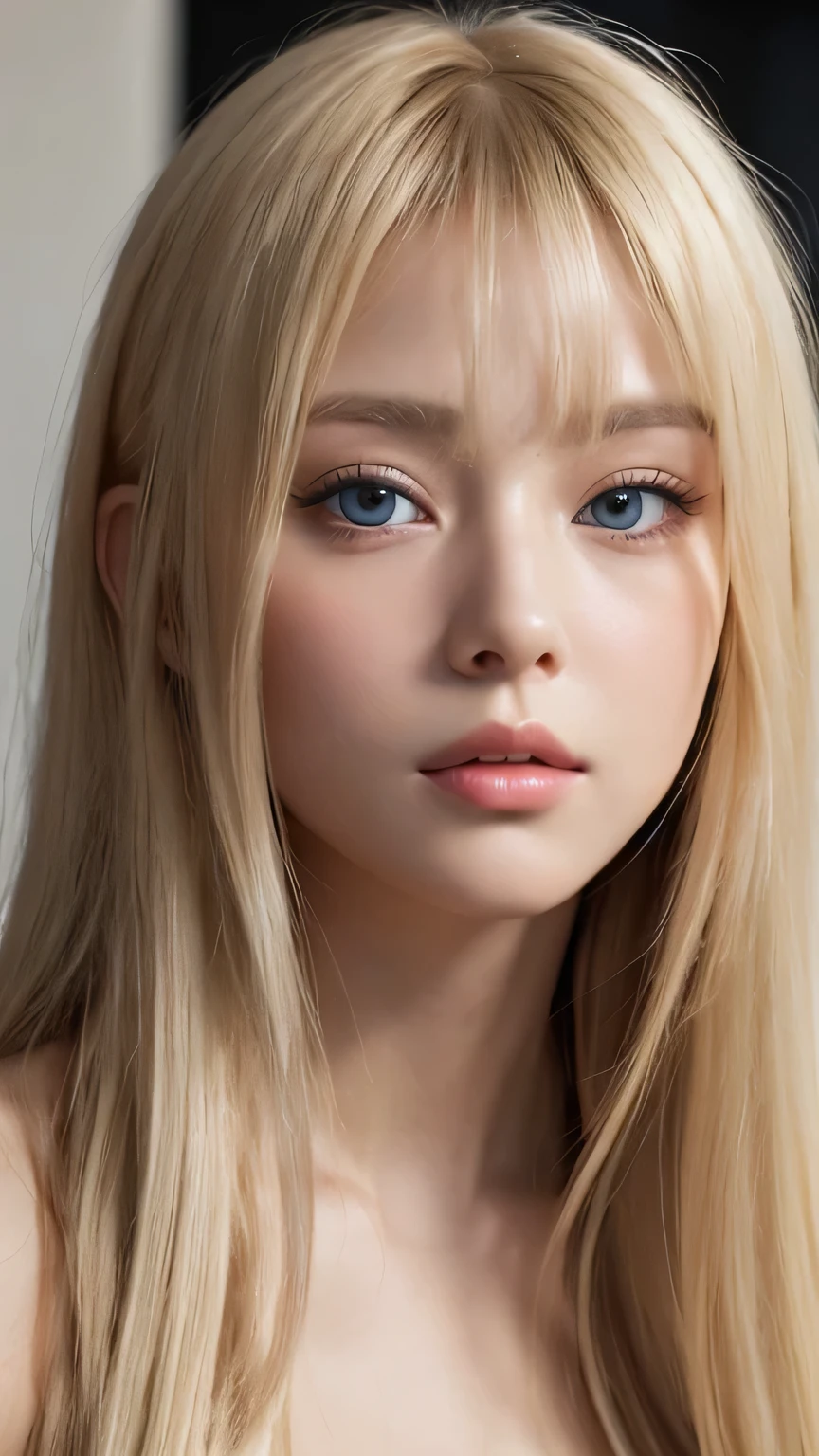 A beautiful Scandinavian girl with beautiful, shiny, super long, natural platinum blonde hair、Very beautiful shiny pretty face、Beautiful, glowing skin、Mysterious blonde light reflecting dazzlingly、Messy bangs on the eyes、bangs on the face、Beautiful, cute, shining, pale, bright, sky blue, big eyes、Very big eyes、Beautiful super long shiny silky blonde hair、Messy bangs、Pretty 16 year old cute little beautiful girl、Blonde hair above the eyes、片Blonde hair above the eyes、Blonde hair between the eyes、Cheek highlighter、Small Face Beauty、Round face、Lying down、Lying on your back、On all fours、Blonde hair spread all over