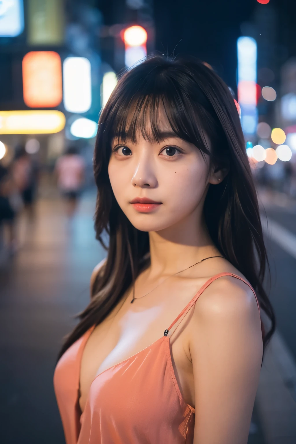 独身女性, 夏, 市, 大阪通り, 夕方, 市 lights, 上半身, 閉じる, 8K, RAW写真, 最高品質, 傑作, 本物, photo本物istic,