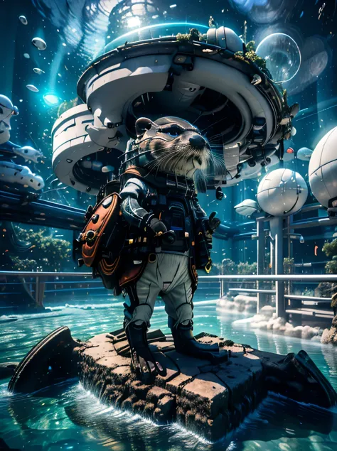 solo,(1otter\(cute,wearing futuristic suit,wearing cyber suit,full body,standing,dynamic pose,parabolic antenna,on back\):1.5), ...