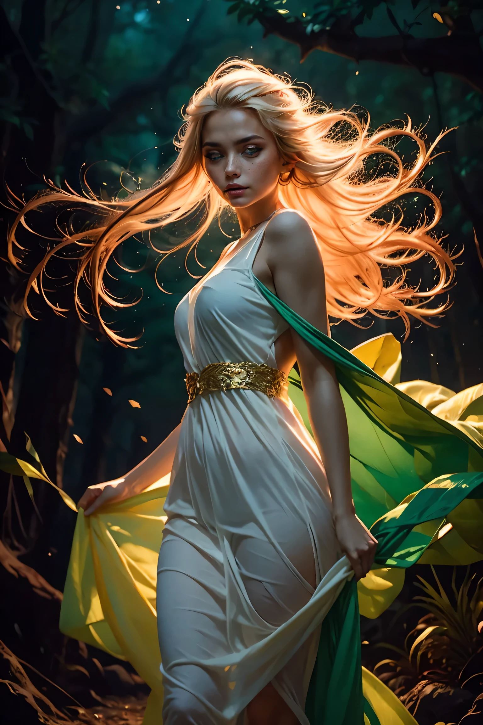 A elf in a long dress being lifted by the wind, straight long white hair, soft moss, ornament of gold, deep forest, deep blue tones, dark atmosphere, brush painting style, sketch, vibrant colors, soft lighting, (masterpiece, best quality:1.2)
