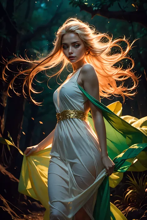 A elf in a long dress being lifted by the wind, straight long white hair, soft moss, ornament of gold, deep forest, deep blue to...