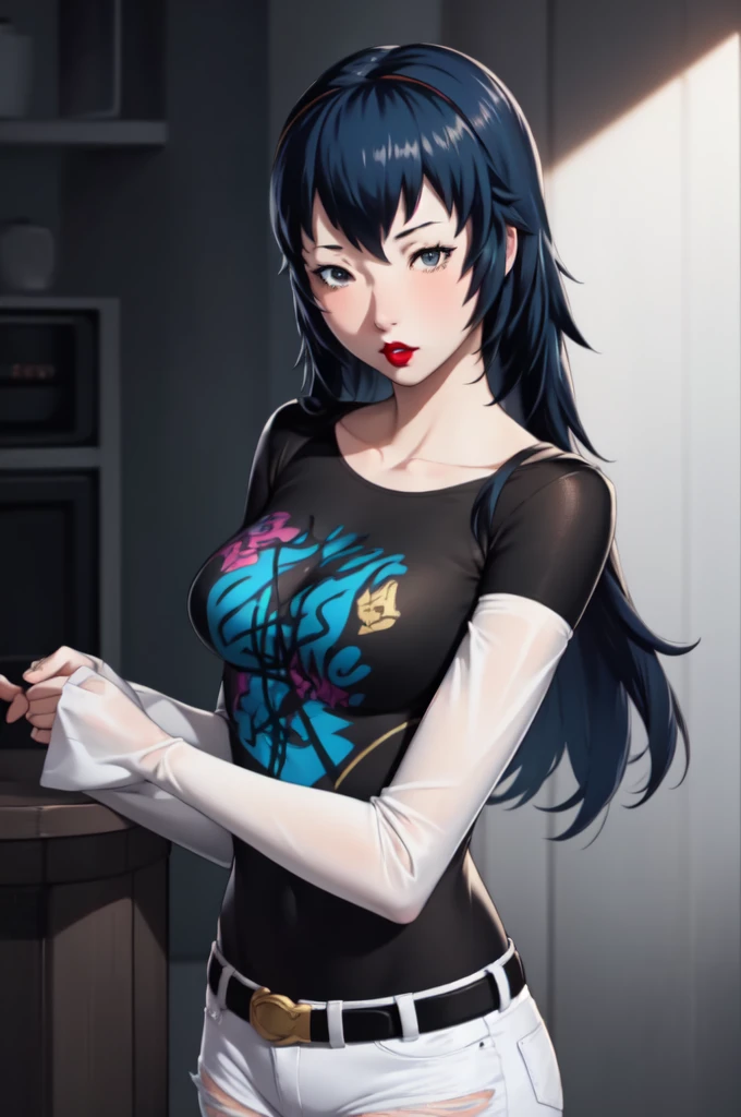 masterpiece, best quality, lucina, blue hair, 1girl, solo, standing, black t-shirt, white shirt, blue jeans, belt, lipstick, large breasts, layered sleeves