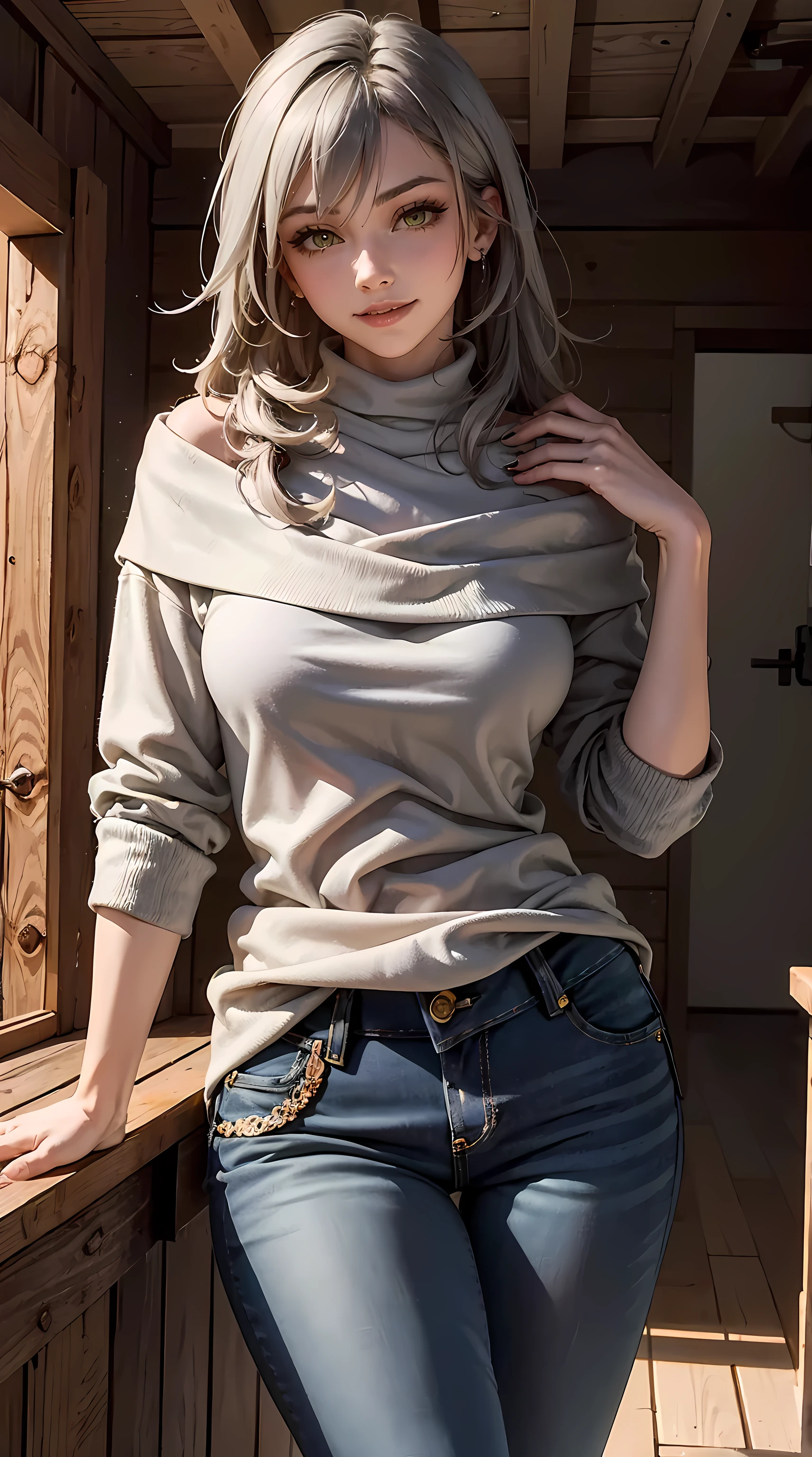 Beautiful gray hair woman is shown to have a sexy figure, she is wearing a turtleneck sweater and sexy jeans, smile, ponytail , yellow eyes, girl in a cozy cabin ,sexy session, sexy pose, cowboy shot, superior quality, many details, realistic