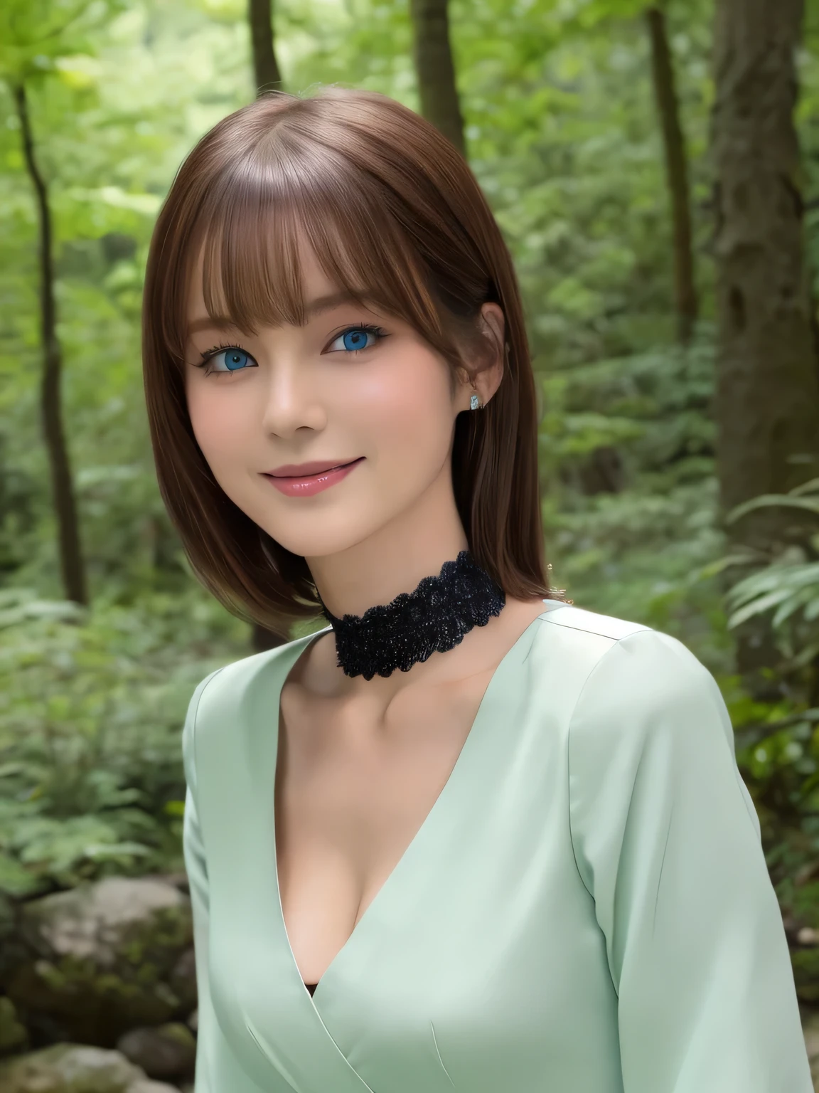 masterpiece, Front view, Cute Japanese aristocratic woman, (輝くBrown Hair, Straight length Hair), ((A modest tunic)), Very cute face, Glossy Lips, Double eyelids on both eyes, Natural Makeup, Brown Hair, Asymmetrical bangs, High resolution, Attention to detail, Detailed hairstyle, Detailed face, Octane Rendering, Ultra-realistic, Perfect limbs, ((Black Choker)), blue eyes, (Quite big breasts), ((The body is slim:1.5)), Cool Beauty, ((Slim face)), smile, Mature Woman, Browsing Caution:-1.2, length, bushy eyelashes, (Cleavage), ((Mountain、forest)), summer