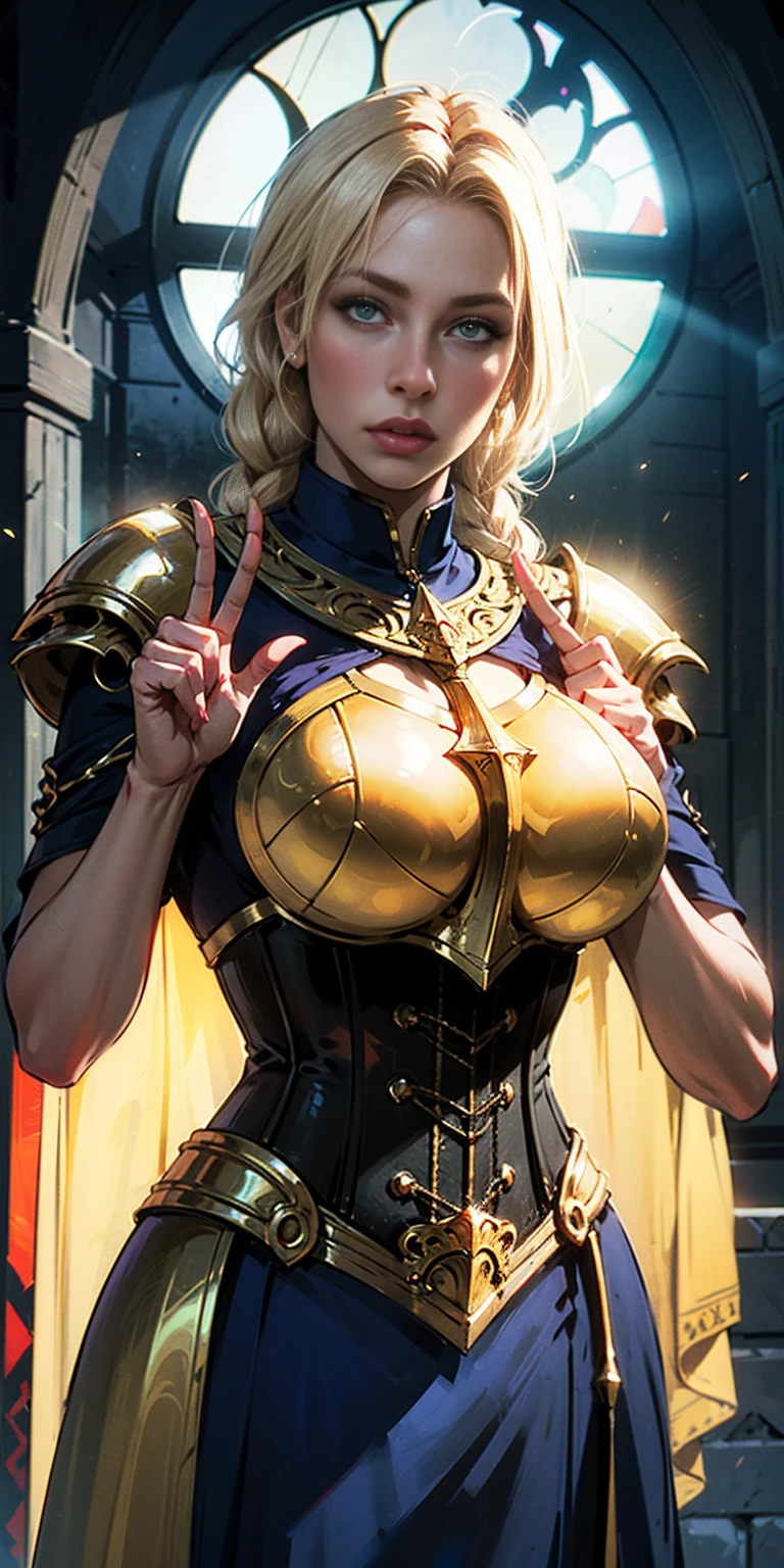 upper body of paladin lady in ornate golden armor, black collar, pauldrons, breastplate, corset, glowing halo, single braid, blonde, yellow glowing eyes, bright pupils, eye focus, red cape, temple indoors, stained glass windows, night, moonlight, particles, light beam, chromatic aberration, left hand on hips, right hands peace sign