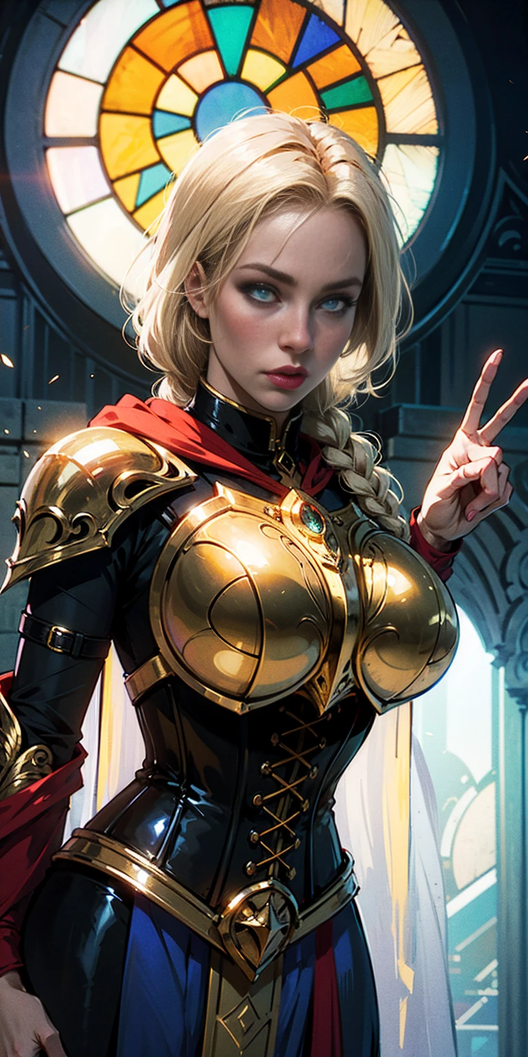 upper body of paladin lady in ornate golden armor, black collar, pauldrons, breastplate, corset, glowing halo, single braid, blonde, yellow glowing eyes, bright pupils, eye focus, red cape, temple indoors, stained glass windows, night, moonlight, particles, light beam, chromatic aberration, left hand on hips, right hands peace sign