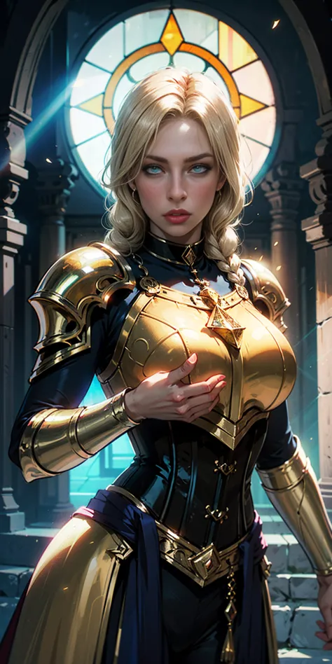 upper body of paladin lady in ornate golden armor, black collar, pauldrons, breastplate, corset, glowing halo, single braid, blo...