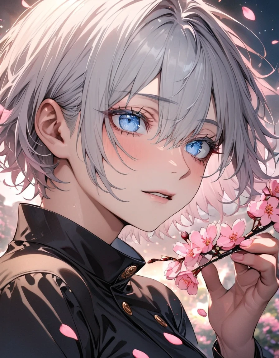 absurdres, highres, ultra detailed, HDR, master piece, best quality, extremely detailed face and eyes, Gojo Satoru, white hair, with bangs, short hair, hair between the eyes, expressive blue eyes, white eyelashes, Jujutsu Kaisen, solo, sexy man, handsome, black clothes, cherry blossom, pink flowers, pink petals, moon, pink fireflies