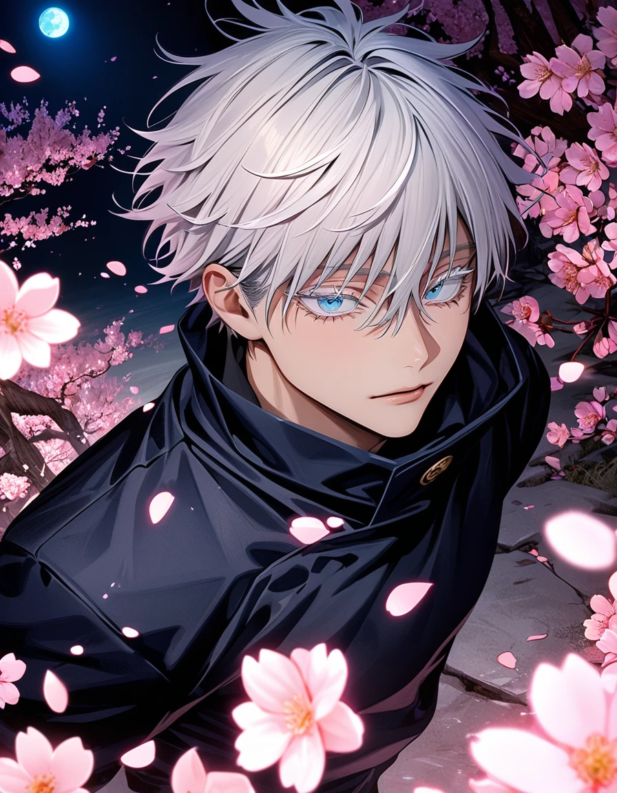 absurdres, highres, ultra detailed, HDR, master piece, best quality, extremely detailed face and eyes, Gojo Satoru, white hair, with bangs, short hair, hair between the eyes, expressive blue eyes, white eyelashes, Jujutsu Kaisen, solo, sexy man, handsome, black clothes, cherry blossom, pink flowers, pink petals, moon, pink fireflies