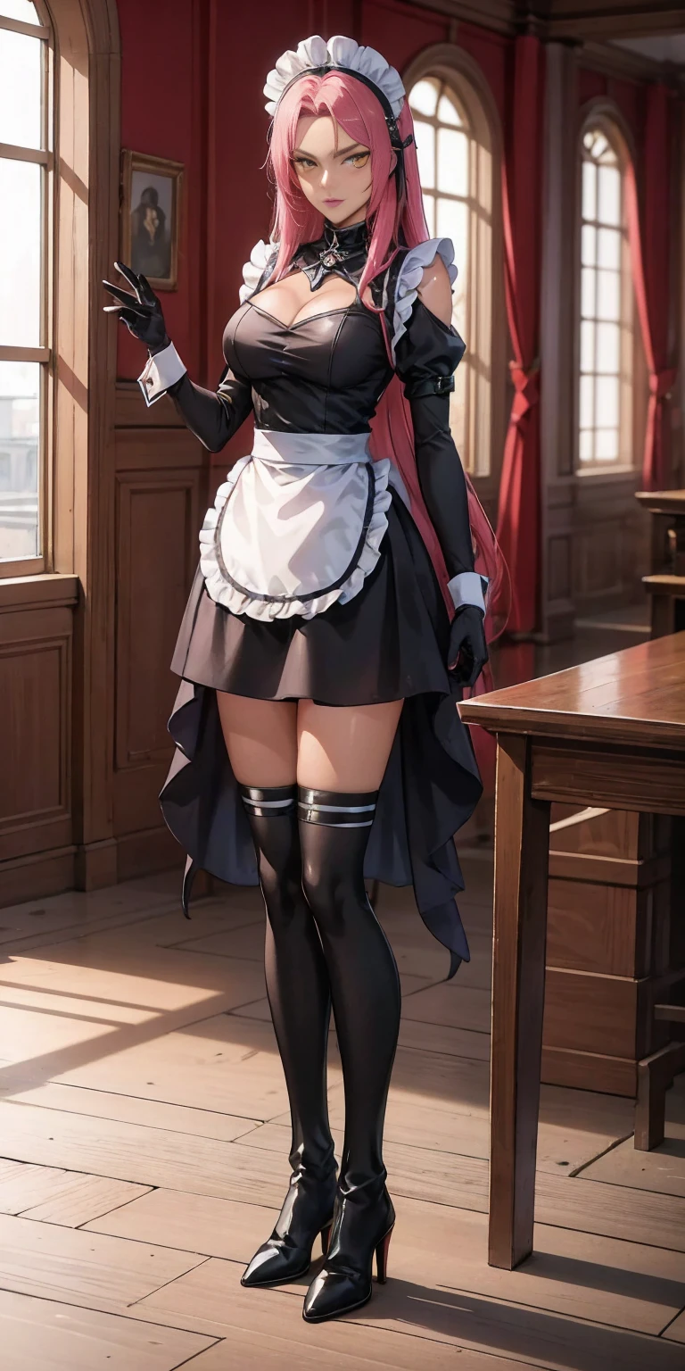 Full body standing straight symmetrical (mature female:1.4) (masterpiece, best quality) (maid, maid headdress, maid apron) indoors, window, best quality, high quality, dark black SKIN. Long messy hair, yellow eyes, full body, def_effie, blue breastplate, looking at viewer, shiny armor, thigh highs, high boots, shoulder armor, faulds, poleyn, red gloves gauntlets