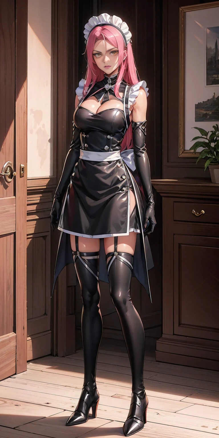 Full body standing straight symmetrical (mature female:1.4) (masterpiece, best quality) (maid, maid headdress, maid apron) indoors, window, best quality, high quality, dark black SKIN. Long messy hair, yellow eyes, full body, def_effie, blue breastplate, looking at viewer, shiny armor, thigh highs, high boots, shoulder armor, faulds, poleyn, red gloves gauntlets