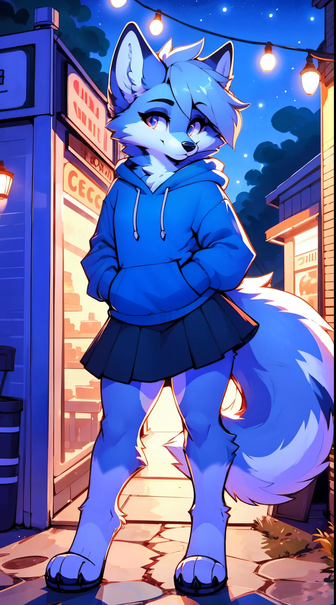 a full body, anthropomorphic blue fox girl wearing a blue hoodie, skirt, fox  face, cute face, glossy fur, big fluffy neckfur, posing for a picture in a hill at night with a city in the distance
