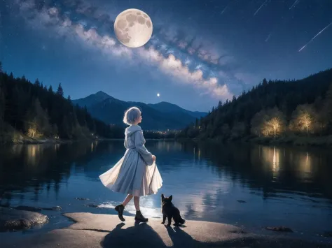 magical and serene dog girl with short silver hair, luminous black stardust gown, walking by a forest lake as she watches the mo...