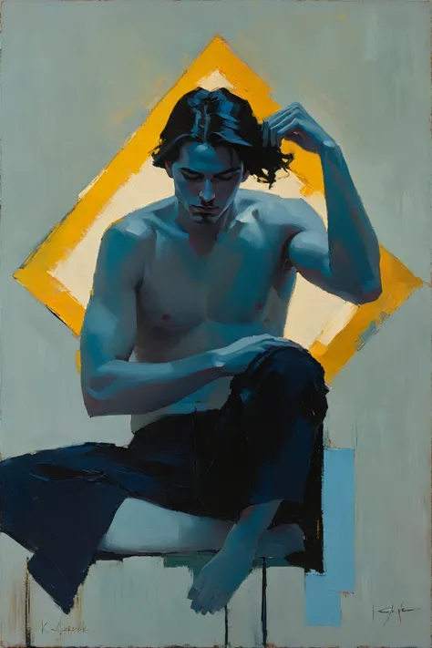 Create an evocative oil painting inspired by Malcolm Liepke, Capture the man's introspective expression and refined mood using t...