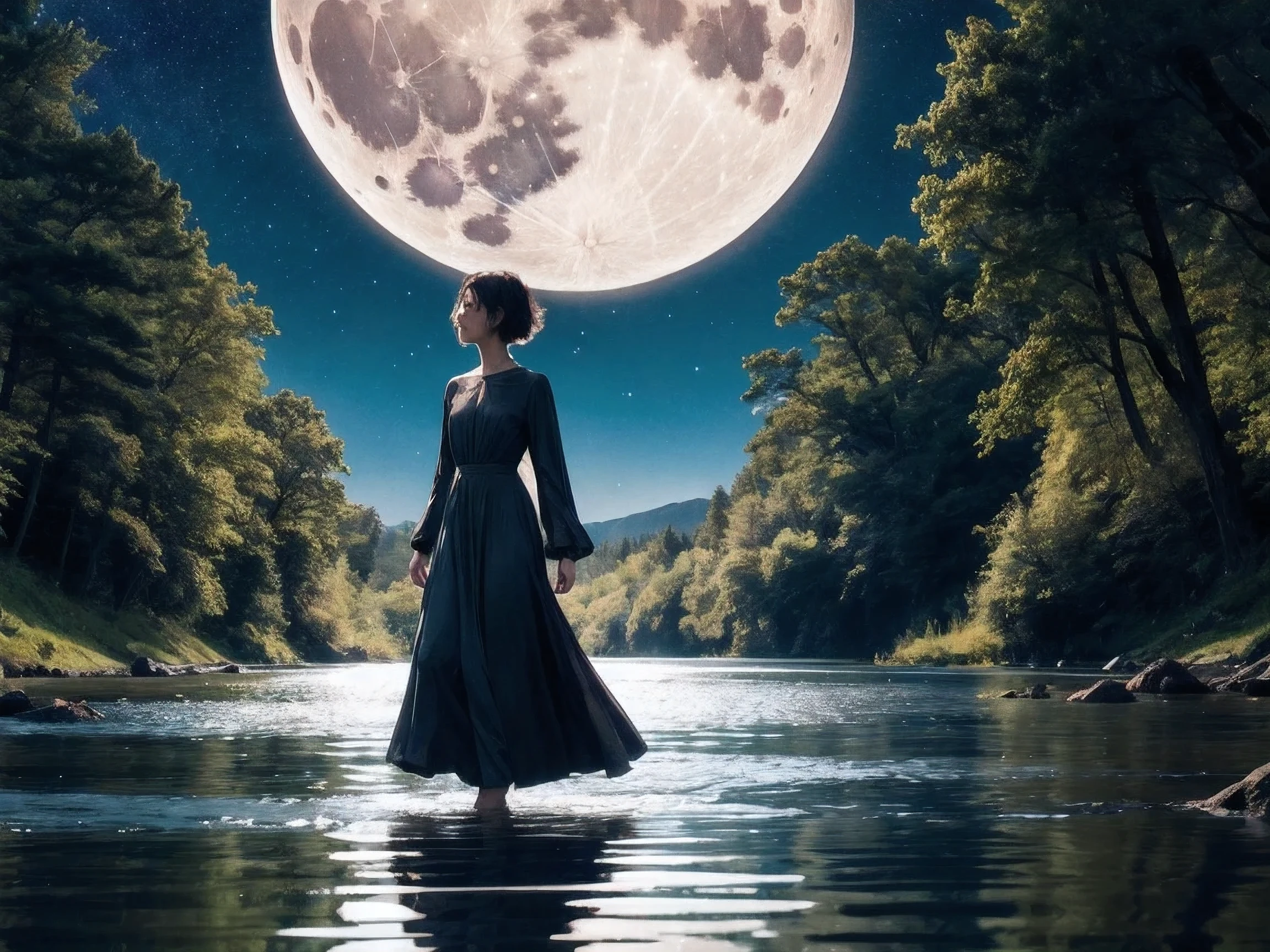 Magical and serene dog girl with short silver hair, luminous black stardust gown, walking by a forest lake as she watches the moon and stars reflect upon the water's surface