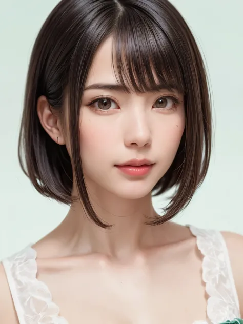 (software:1.8、masterpiece, highest quality),1 girl, alone, hyper Realistic, Realistic,Realistic, Looking at the audience, Light brown eyes:1.4,Brunette Short Bob Hair with highly detailed shiny hair, bright red clothes:1.4, Lepangas:1.4), Mouth closed, Upp...