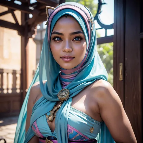 Craft a photorealistic scene of a Malay girl in hijab as an intrepid explorer in a steampunk world. Showcase intricate gears, Vi...