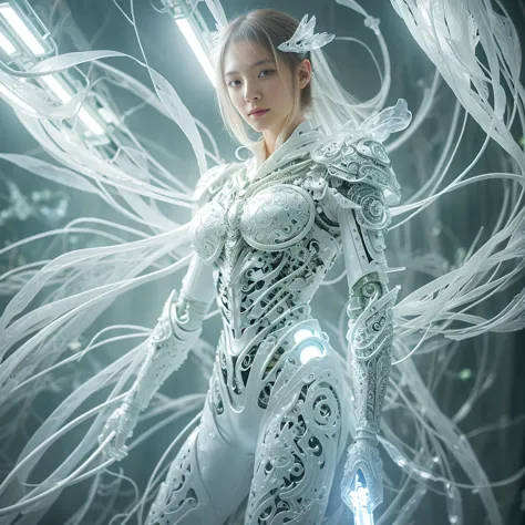 organic cyborg, white plastic, diffuse lighting, fantasy, intricate, elegant, highly detailed, art by Yoshitaka Amano